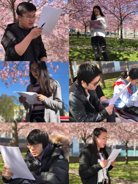 图2 同学们在樱花下认真阅读《春》